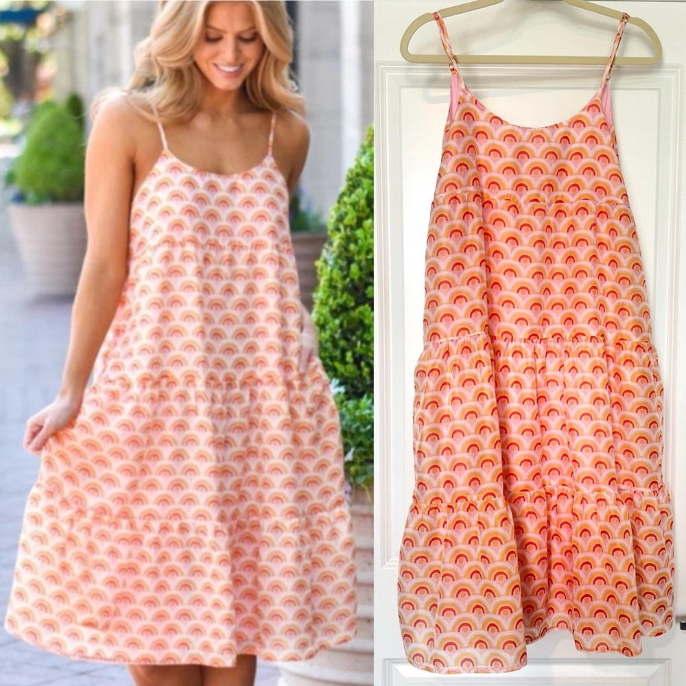J.Marie Tiered Midi Dress Womens Medium Orange Pink Rainbow Spaghetti Strap Boho